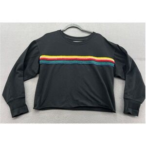 Sundays Sweatshirt Womens Sz S Black Cropped Long Sleeve Rainbow Stripe Detail